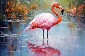 Beautiful painting of flamingo standing in the swamp in the forest. Bird, Wildlife Animals. Illustration, Generative AI.