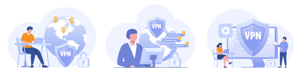 Big shield with VPN software or plugin. App for secure connection, data encryption. Virtual Private Network. Remote server, cloud technology. Flat Vector Illustration
