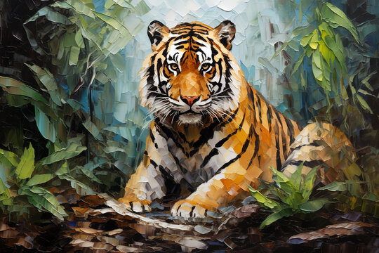 Beautiful painting of a tiger resting in the trees in the forest. Wildlife Animals. Illustration, Generative AI.