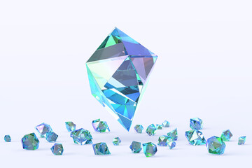 Precious large sapphire stone with scattering of small blue crystals on background 3d render. Realistic shiny topaz, spinel or aquamarine, mineral gems, jewel rocks, natural gemstones. 3D illustration