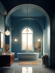 Blue Designer Bathroom with a Luxurious Freestanding Tub and natural light