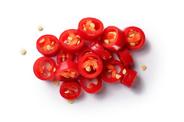 Closeup red hot chili pepper cut into slices on a white background isolated