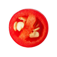 Closeup red hot chili pepper cut into slices on a white background isolated