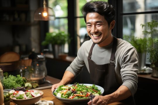 Asian Attractive Woman In Apron Eating Green Salad In Kitchen At Home. Young Beautiful Girl Feeling Happy And Enjoy Breakfast With Vegetables Healthy Foods And Clean Water To Diet For Health In House.