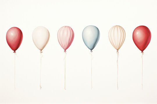 6 colorful balloons lined up against a white background