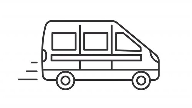 Animated minibus line icon. Small bus riding animation. Shuttle van. Passenger vehicle. Public transport. Loop HD video with alpha channel, transparent background. Outline motion graphic