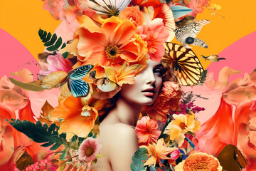 Contemporary art botanical collage, woman portrait, surreal style. Generative AI