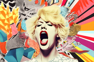 Contemporary art collage with screaming woman portrait, grunge retro magazine. Generative AI