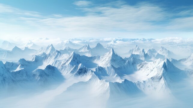 A breathtaking aerial view of a mountain range covered in snow, invoking a spirit of adventure | generative ai