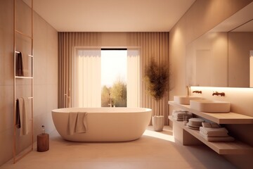Fototapeta na wymiar luxury, modern bathroom with wood cabinet, walk-in shower with marble tiled walls, freestanding bathtub.