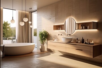 luxury, modern bathroom with wood cabinet, walk-in shower with marble tiled walls, freestanding bathtub. - obrazy, fototapety, plakaty