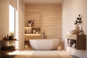 Naklejka na ściany i meble luxury, modern bathroom with wood cabinet, walk-in shower with marble tiled walls, freestanding bathtub.