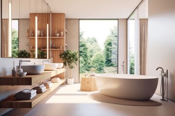 Fototapeta premium luxury, modern bathroom with wood cabinet, walk-in shower with marble tiled walls, freestanding bathtub.