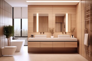 Fototapeta premium luxury, modern bathroom with wood cabinet, walk-in shower with marble tiled walls, freestanding bathtub.