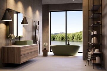 Fototapeta premium luxury, modern bathroom with wood cabinet, walk-in shower with marble tiled walls, freestanding bathtub.