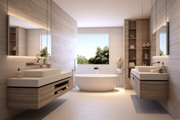 luxury, modern bathroom with wood cabinet, walk-in shower with marble tiled walls, freestanding bathtub.