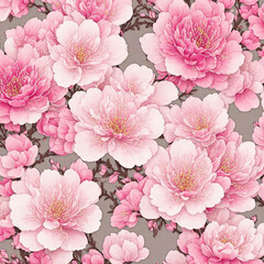 Floral cherry blossom illustration background with pink Sakura blossoms and yellow stamens