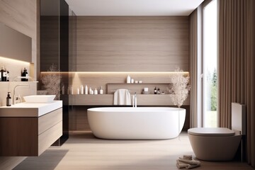 Fototapeta na wymiar luxury, modern bathroom with wood cabinet, walk-in shower with marble tiled walls, freestanding bathtub.