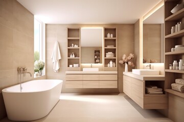 Obraz na płótnie Canvas luxury, modern bathroom with wood cabinet, walk-in shower with marble tiled walls, freestanding bathtub.
