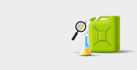 Canister with fuael or motor machine oil, quality test with lab beaker and magnifying glass, 3d illustration