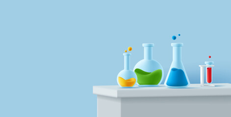 Laboratory table with glass beackers of different shapes and with coloured liquid, 3d render icon