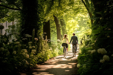 Fototapeta premium Couple in formal wear riding on bicycle on a light forest path with flowers on the edge, back view , made with generative ai