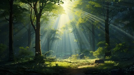 Obraz premium A tranquil forest scene with rays of sunlight piercing through the trees, evoking a sense of peace | generative ai