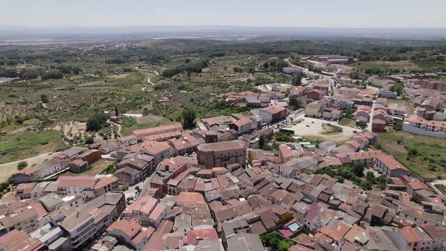 Idyllic village in western Spain. Aerial orbit. Jaraiz de la vera, Extramadura
