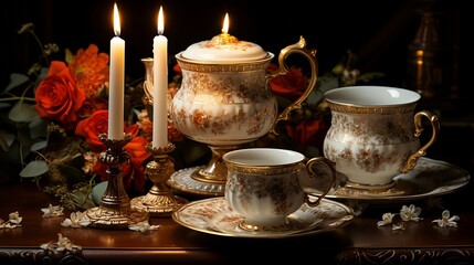 Vintage Tea Delights: Exquisite Tabletop Composition with Antique Teacups (AI Generated)