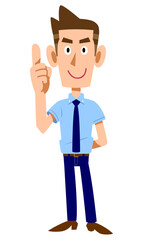 人差し指を立て提案する、半袖シャツにネクタイ姿の男性
