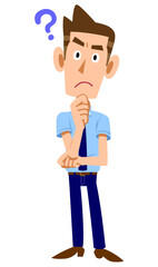 疑問を持つ、半袖シャツにネクタイ姿の男性
