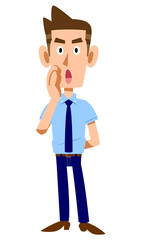 呼びかける、半袖シャツにネクタイ姿の男性
