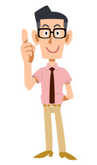 人差し指を立て提案する、眼鏡をかけた半袖シャツにネクタイ姿の男性
