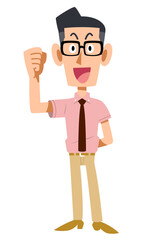 張り切る、眼鏡をかけた半袖シャツにネクタイ姿の男性
