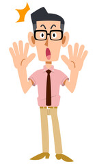 驚く、眼鏡をかけた半袖シャツにネクタイ姿の男性
