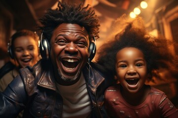 African father, little son and Daughter dancing in cozy living room enjoying life fooling around listening to cool music screaming with happiness enjoy partying hard.