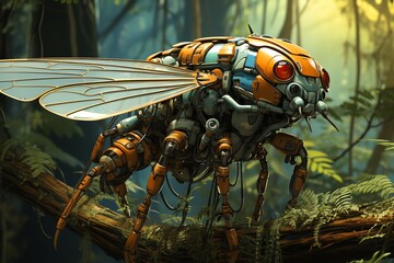 Robot cicada clinging to a tree trunk wallpaper