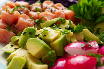 Macro shot of raw vegetables with salmon and rice on a large platter, bowl of health, top view