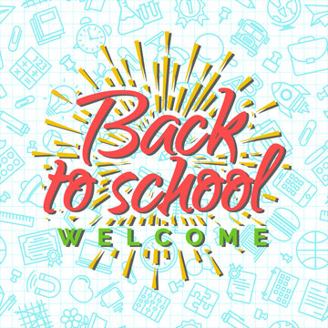 Welcome back to school background with sunburst on seamless pattern of school supplies. Happy School Year. Back To School Background. Back to school shopping. Super sale.Vector illustration.