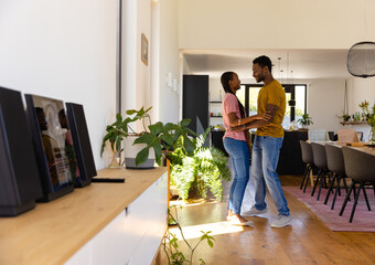 Happy african american couple embracing in dining room