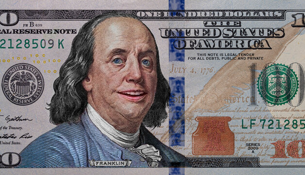 Benjamin Franklin smiling on 100 dollar banknote