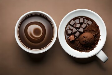 two white mugs with  chocolate, , isolated over a transparent background,  drink / beverage design element, 