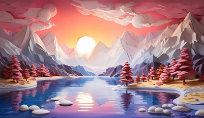 Foto op Aluminium 3D winter landscape with mountains and clouds at sunset, with cubist geometric shapes, light magenta and light azure, over a calm water lake. A fantasy world with luminous colors. © Holly Berridge