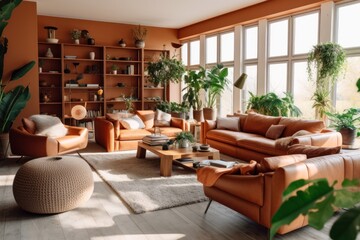 Fototapeta premium Luxury living room in house with modern interior design, orange velvet sofa, coffee table, pouf, gold decoration, plant, lamp, carpet, mock up poster frame and elegant accessories. 3d render