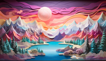 Obraz na płótnie Canvas 3D landscape with mountains and clouds at sunset, with cubist geometric shapes, light magenta and light azure, over a calm water lake. A fantasy world with luminous colors.