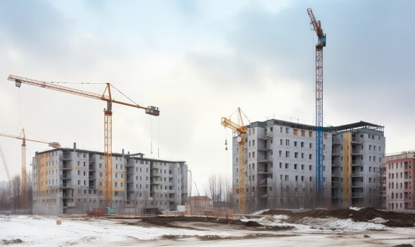 Work in progress: construction site of modern high-rise apartments. Creating using generative AI tools