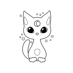 Magic cat icon. Cartoon illustration of a cute cat with crescent moon on its head isolated on a white background. Vector 10 EPS.
