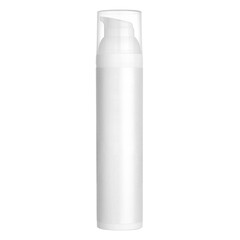 Luxury airless vacuum bottle, pump jar container with dispenser for cosmetic packaging. White satin finish, large tall size, refillable, sterile. Isolated on transparent background