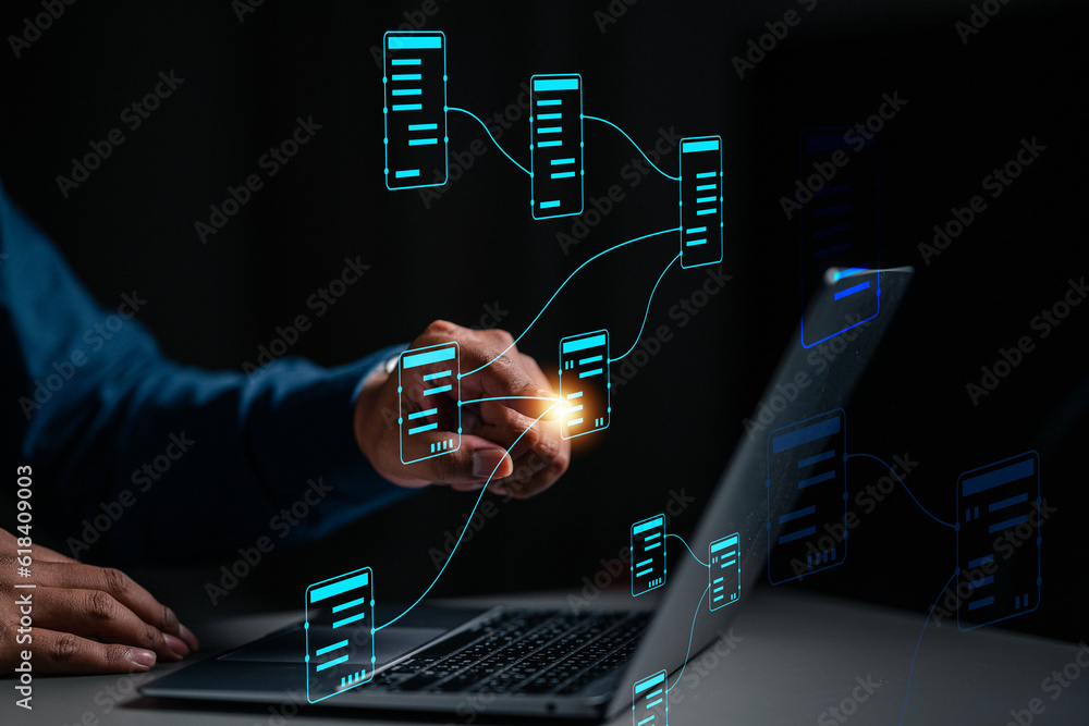 Poster report hr technology, document data system concept. businessman manager typing on laptop checking wh