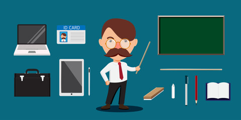 Young mustache teacher man with equipment for teach in class